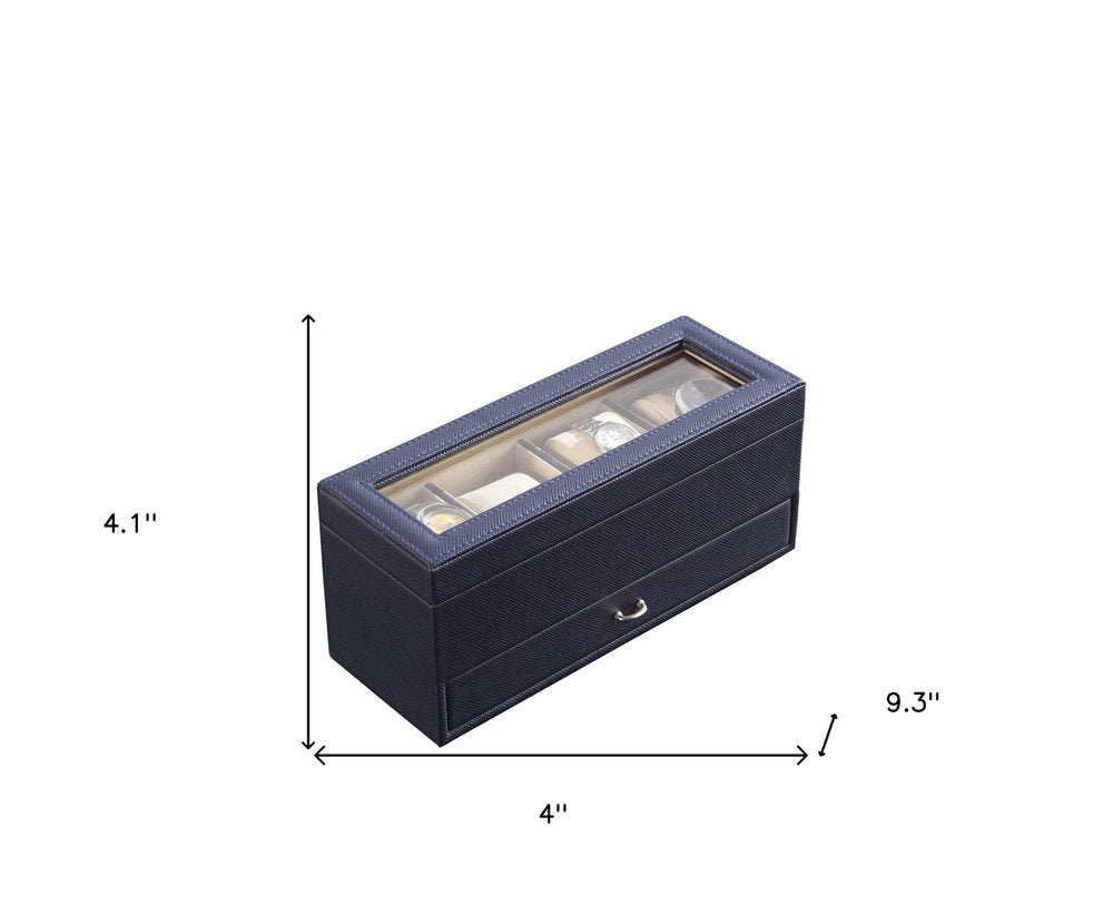9" Blue And Clear Faux Leather And Glass Four Section Watch Box With Metal Accents