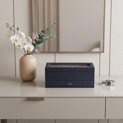 9" Blue And Clear Faux Leather And Glass Four Section Watch Box With Metal Accents