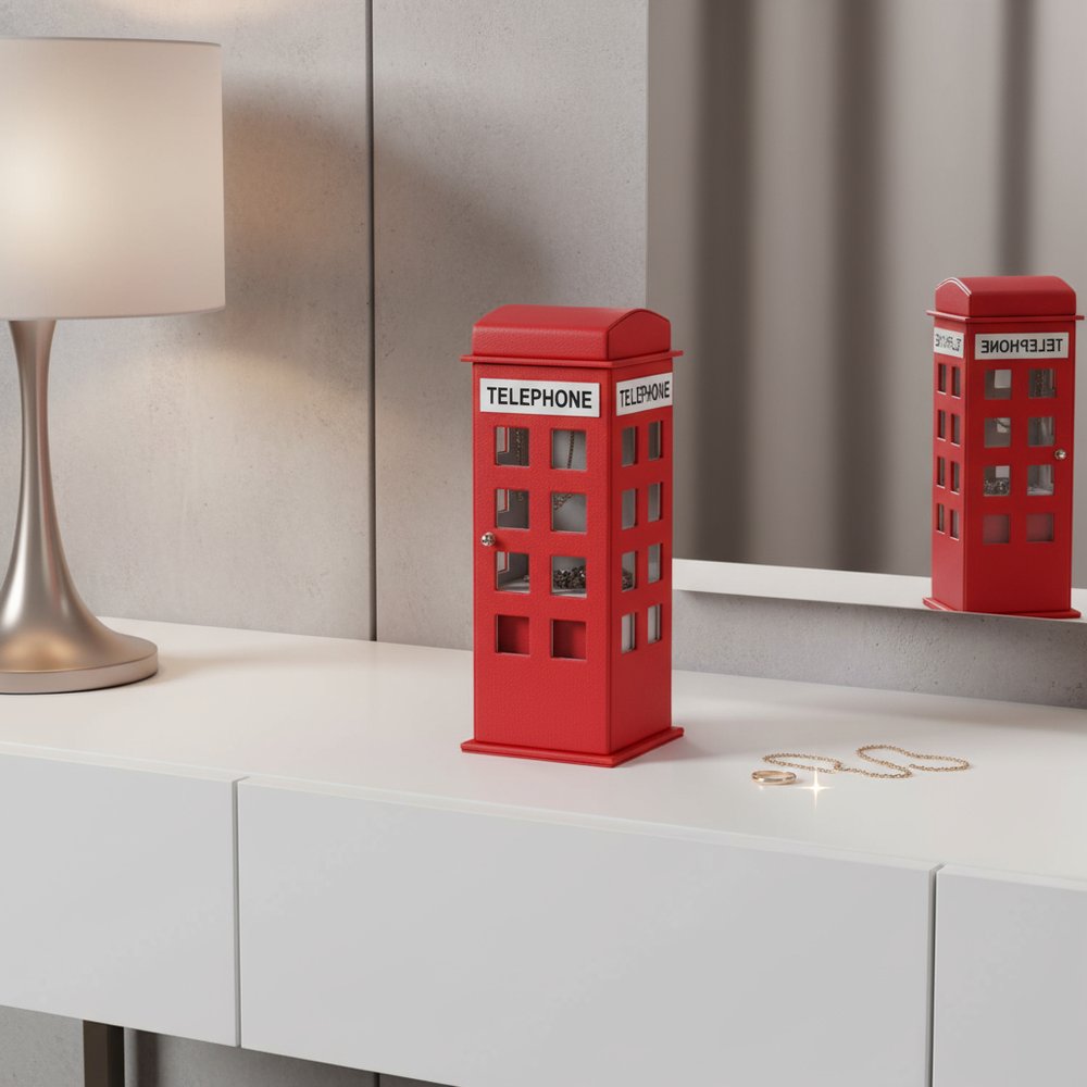 12" Red And White Faux Leather Telephone Booth Jewelry Box