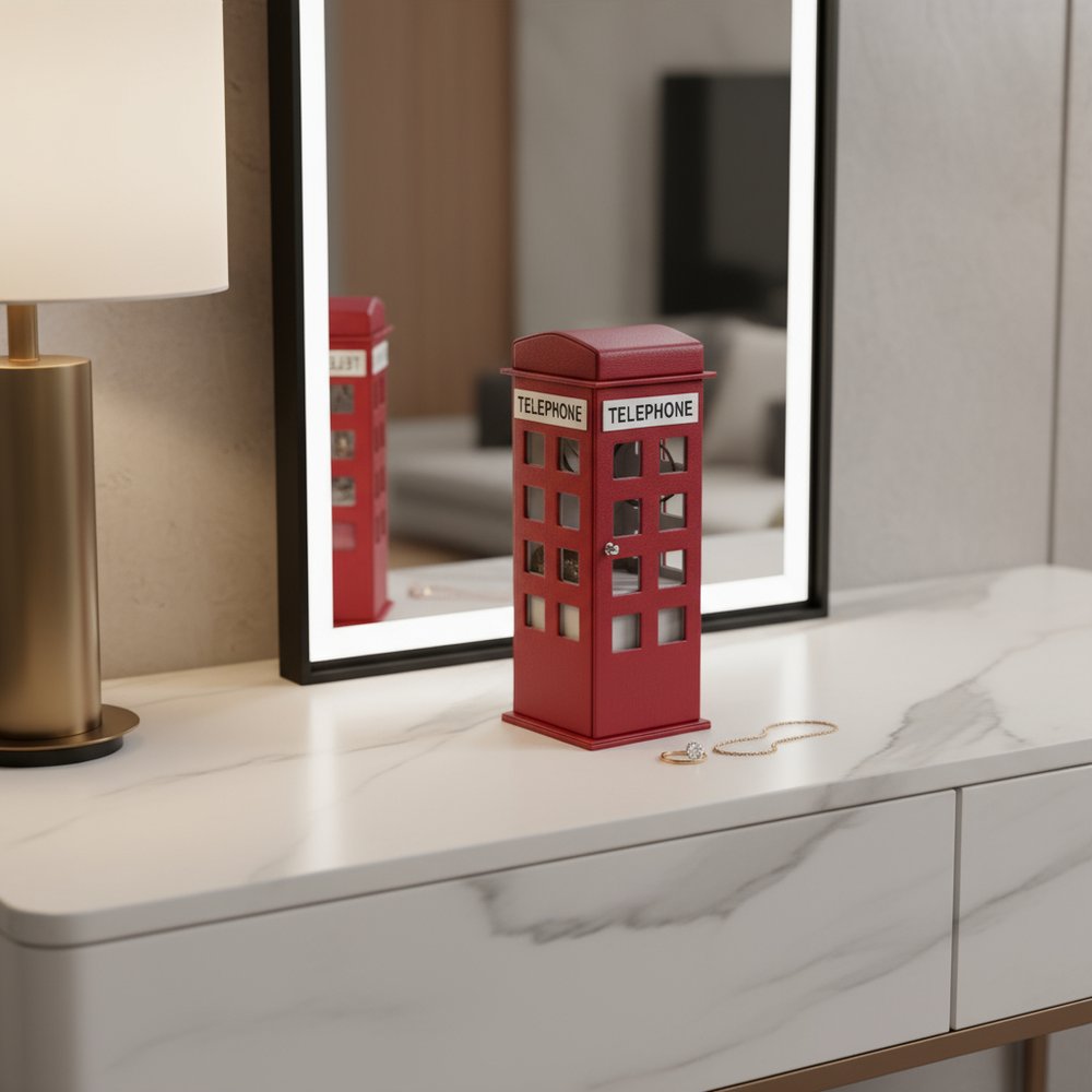 12" White Faux Leather Telephone Booth Jewelry Box