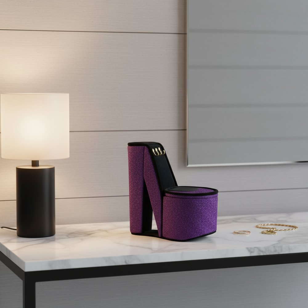 9" Purple Black And Gold Velvet High Heel Jewelry Box
