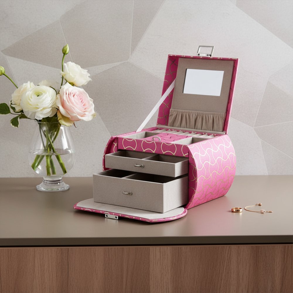 9" Hot Pink And Gold Faux Leather Abstract Scroll Jewelry Box Travel Case With Mirror