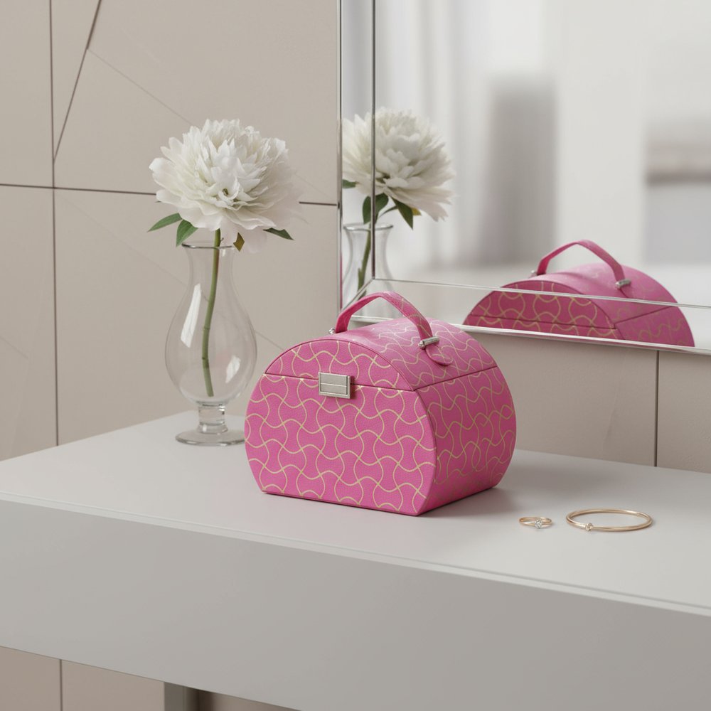 9" Hot Pink And Gold Faux Leather Abstract Scroll Jewelry Box Travel Case With Mirror