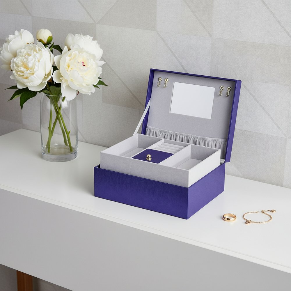 10" Azure Faux Leather Six Section Mirrored Jewelry Box