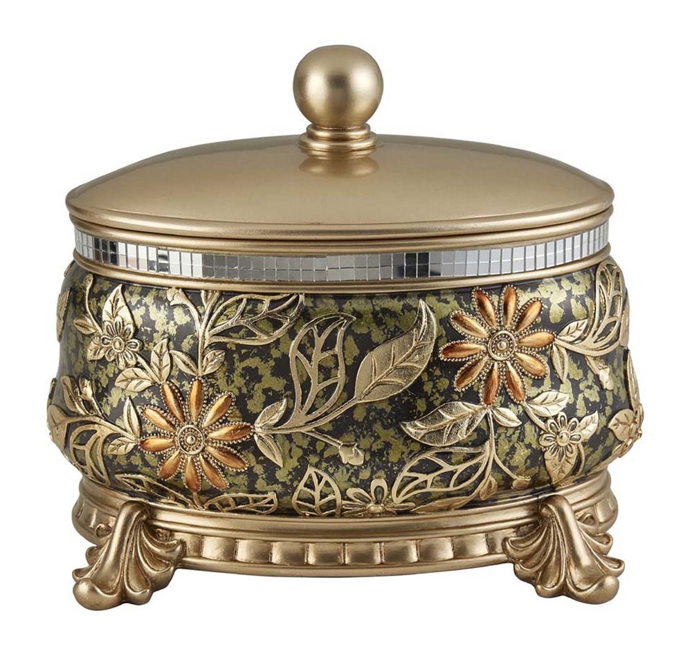 10" Gold Green And Silver Resin Floral Scroll Jewelry Box With Metal Accents