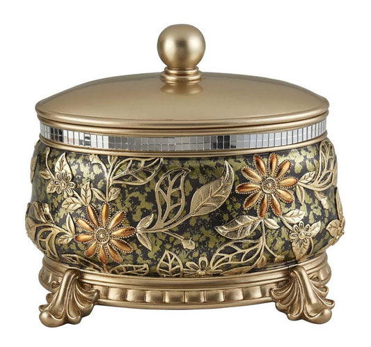 10" Gold Green And Silver Resin Floral Scroll Jewelry Box With Metal Accents