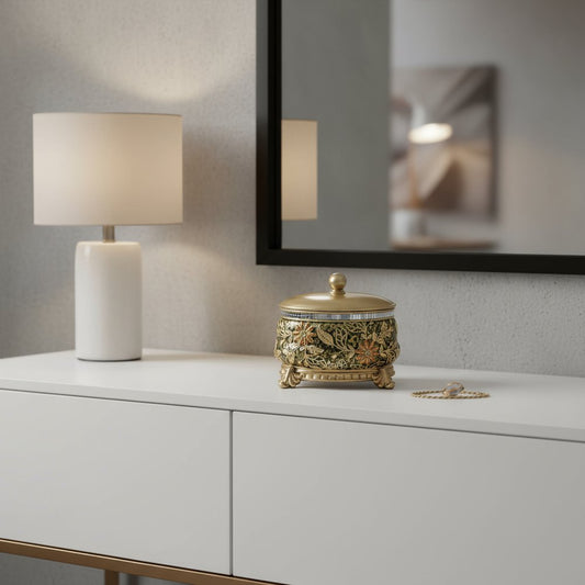 10" Gold Green And Silver Resin Floral Scroll Jewelry Box With Metal Accents