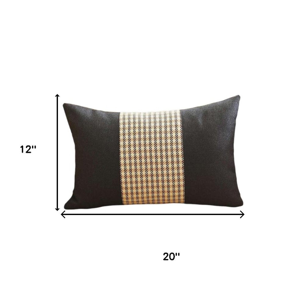 12" X 20" Black And Brown Houndstooth Zippered Handmade Polyester Lumbar Pillow Cover
