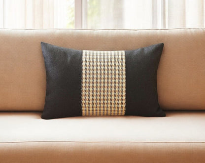 12" X 20" Black And Brown Houndstooth Zippered Handmade Polyester Lumbar Pillow Cover