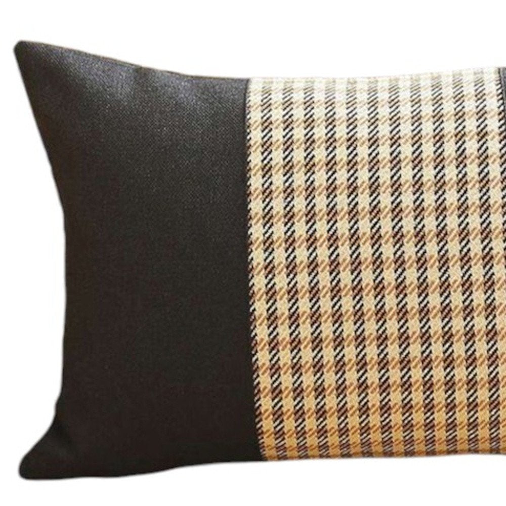 12" X 20" Black And Brown Houndstooth Zippered Handmade Polyester Lumbar Pillow Cover