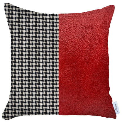 18" Red Black and White Houndstooth Faux Leather And Fabric Throw Pillow Cover