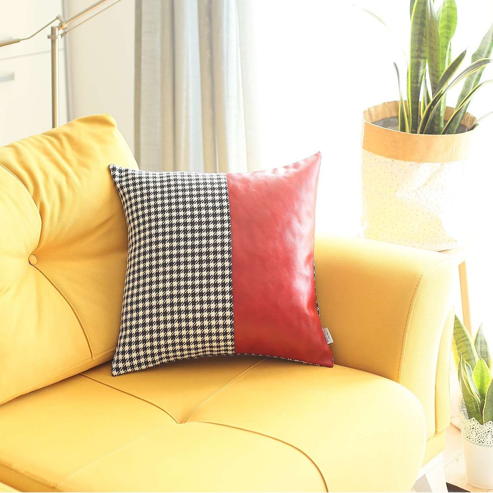 18" Red Black and White Houndstooth Faux Leather And Fabric Throw Pillow Cover