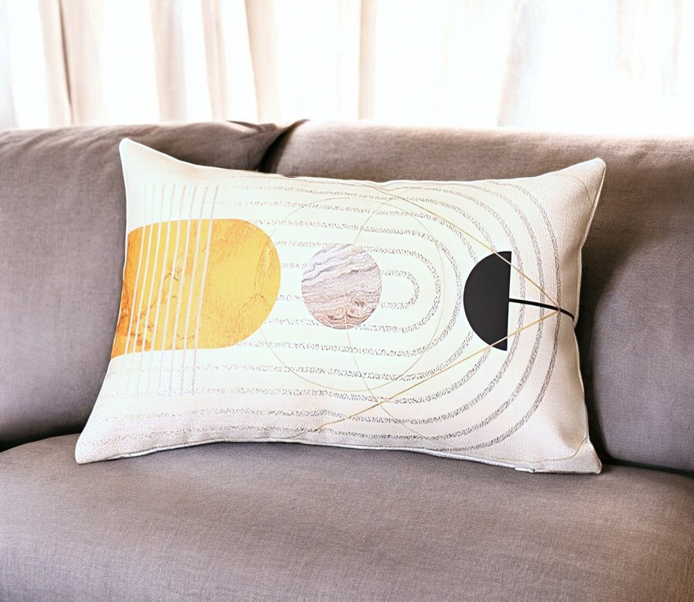 12" X 20" Black And Yellow Abstract Zippered Handmade Polyester Lumbar Pillow Cover