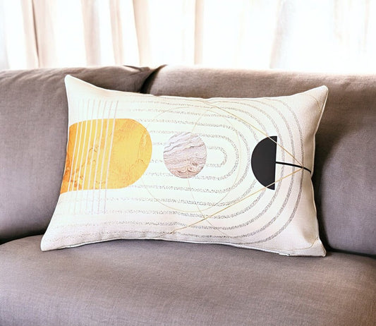 12" X 20" Black And Yellow Abstract Zippered Handmade Polyester Lumbar Pillow Cover