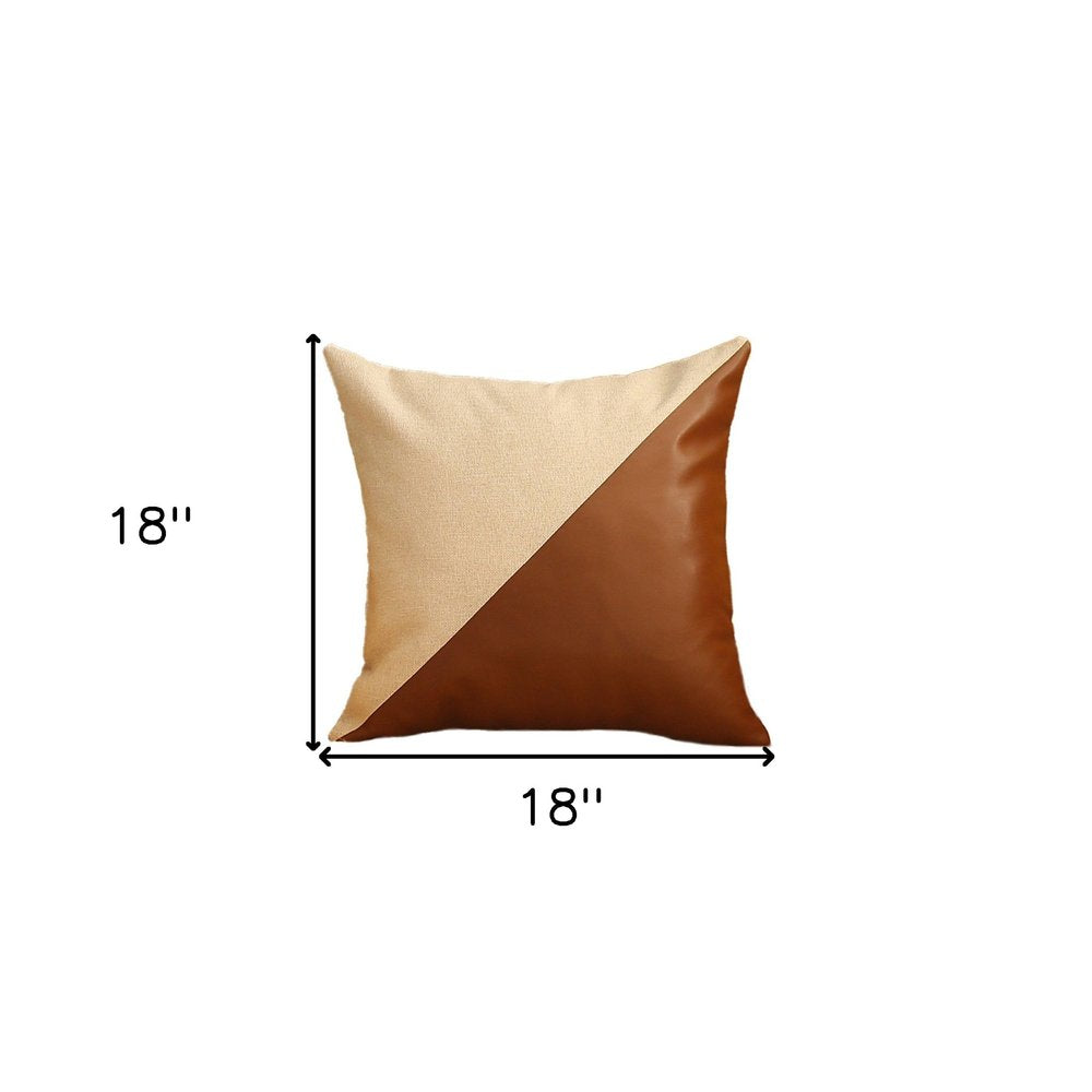 Set of Two 18" Brown And Ivory Faux Leather And Fabric Throw Pillows