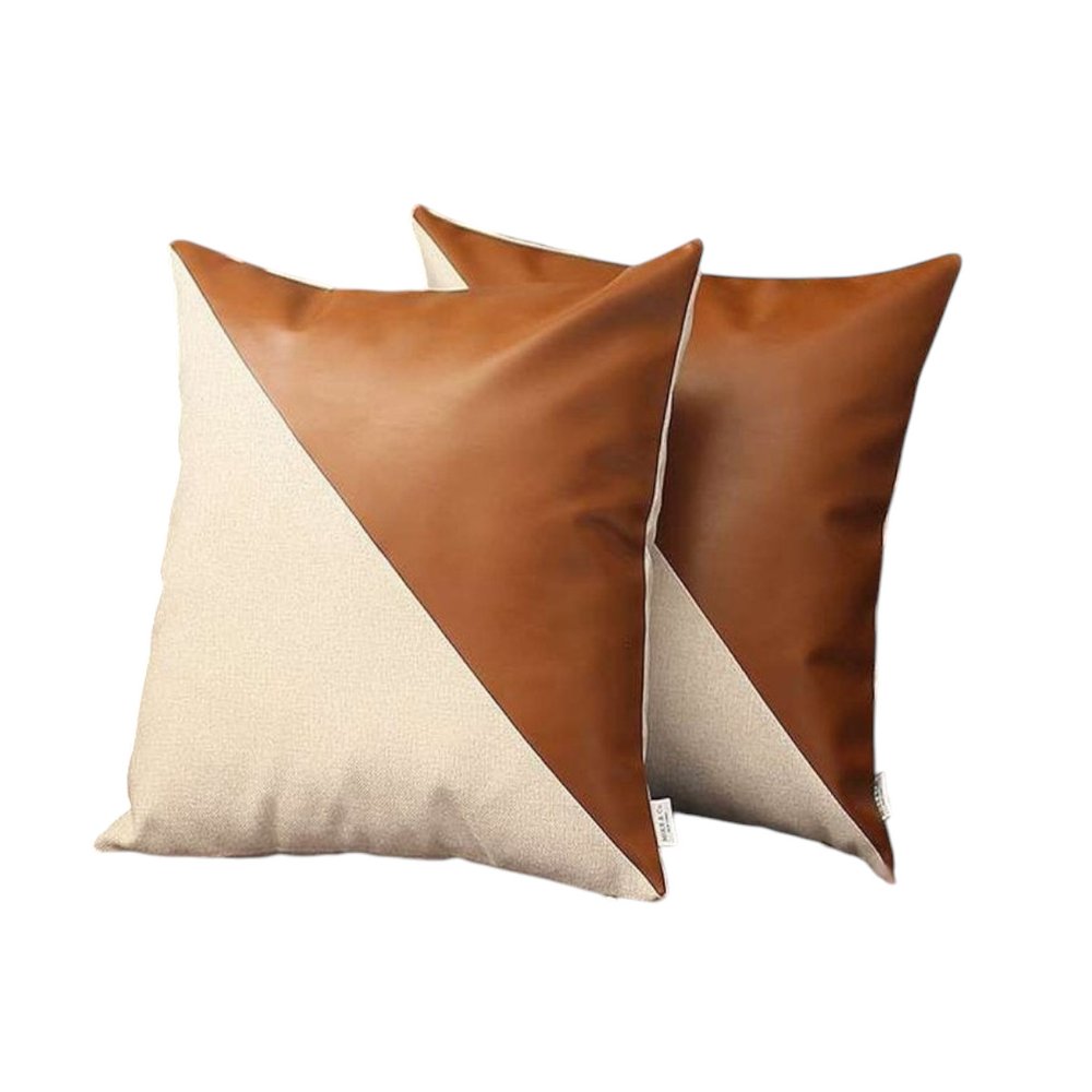 Set of Two 18" Brown And Ivory Faux Leather And Fabric Throw Pillows
