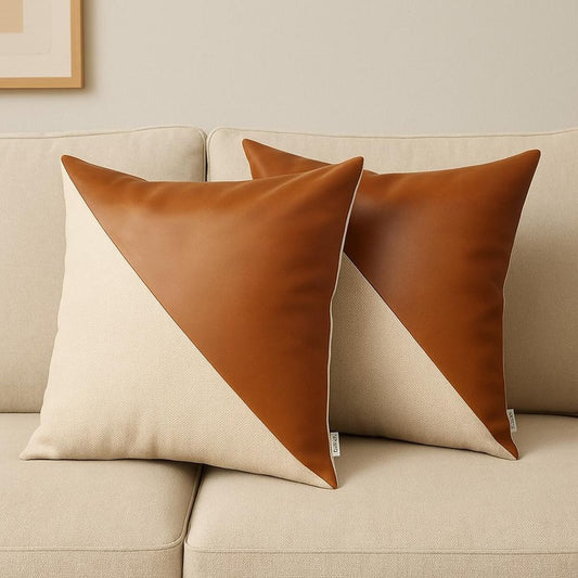 Set of Two 18" Brown And Ivory Faux Leather And Fabric Throw Pillows