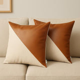 Set of Two 18" Brown And Ivory Faux Leather And Fabric Throw Pillows