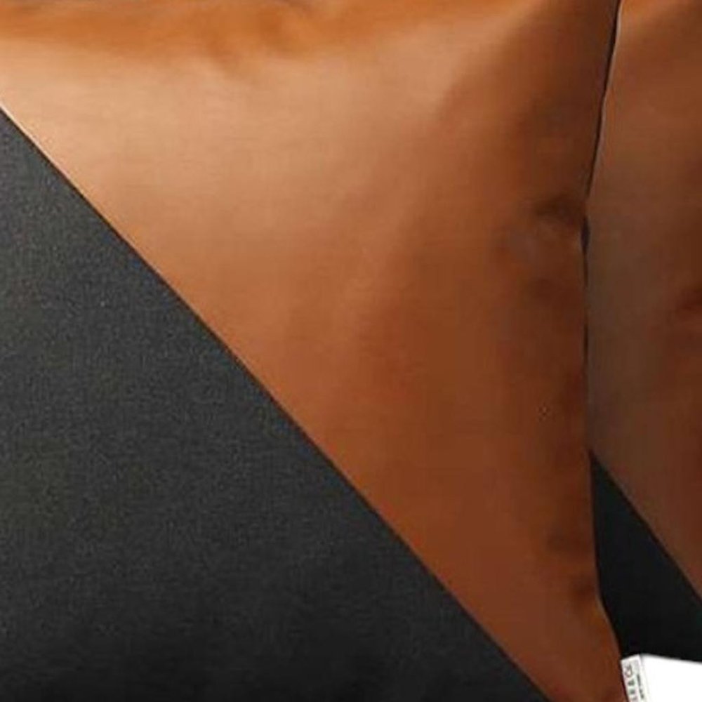 Set of Two 18" Brown And Black Faux Leather And Fabric Throw Pillows