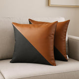Set of Two 18" Brown And Black Faux Leather And Fabric Throw Pillows