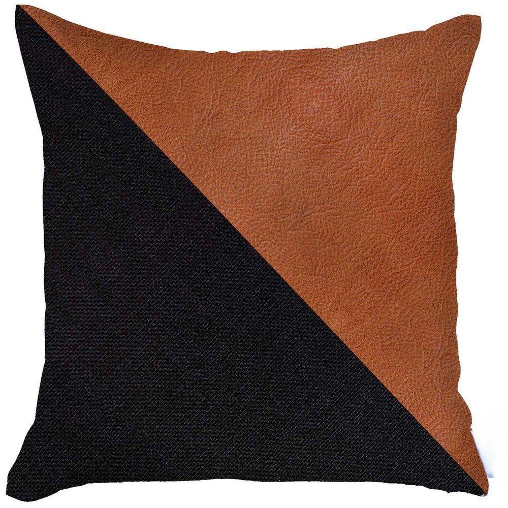 Set of Two 18" Brown And Black Faux Leather And Fabric Throw Pillows