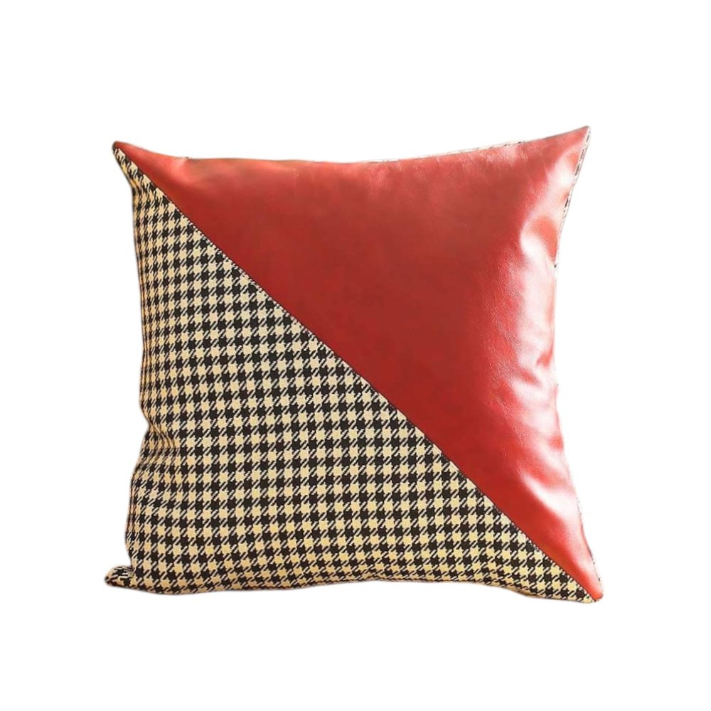 Set of Two 18" Red Black and White Houndstooth Fabric and Faux Leather Throw Pillows