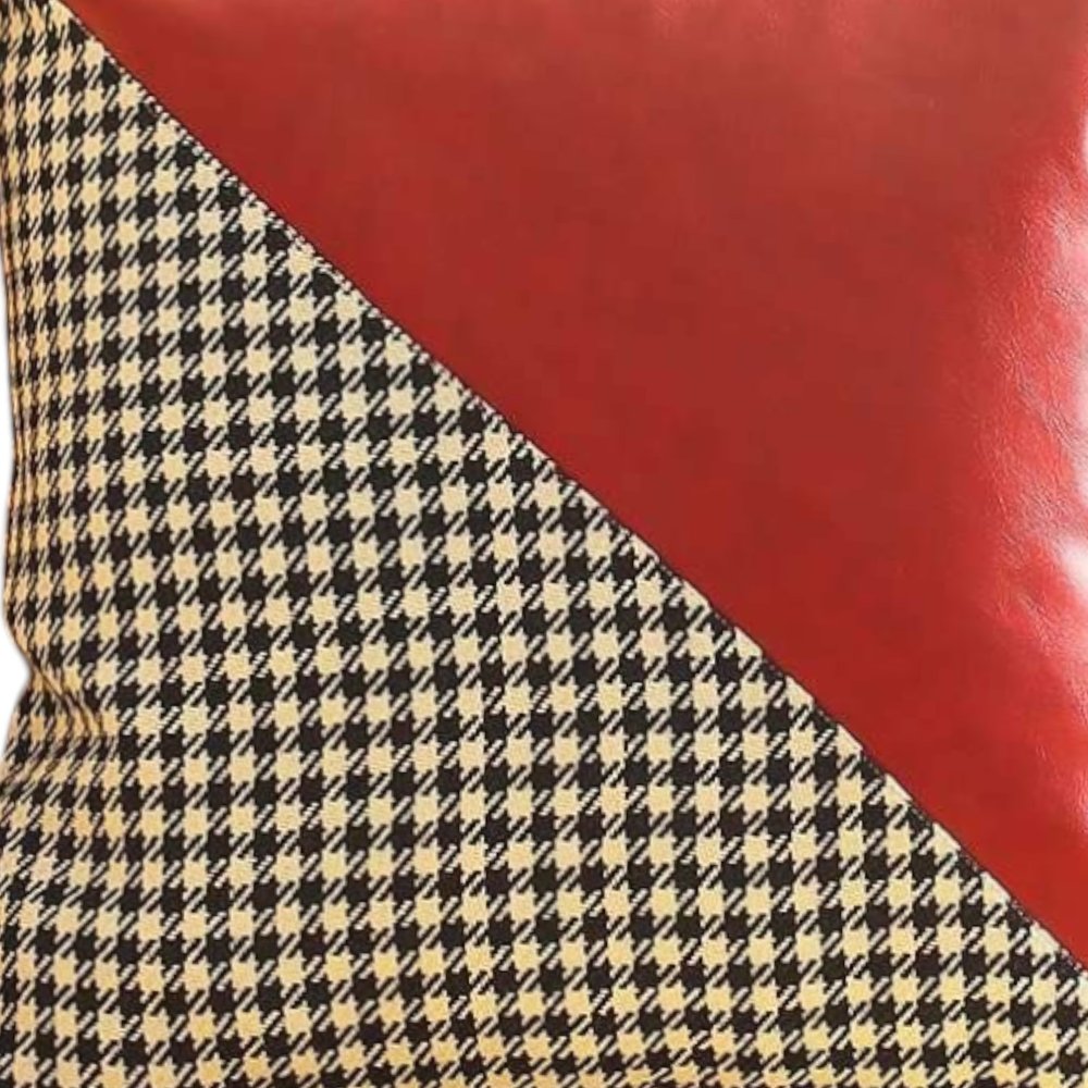 Set of Two 18" Red Black and White Houndstooth Fabric and Faux Leather Throw Pillows