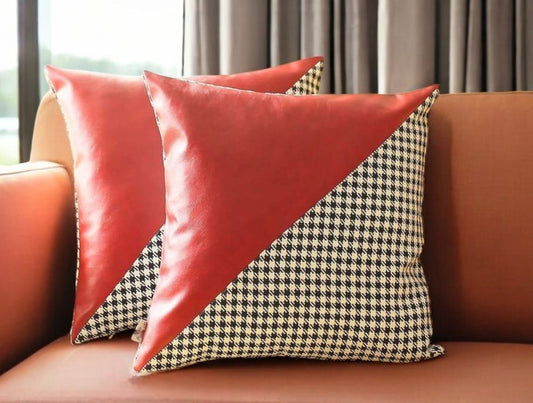 Set of Two 18" Red Black and White Houndstooth Fabric and Faux Leather Throw Pillows
