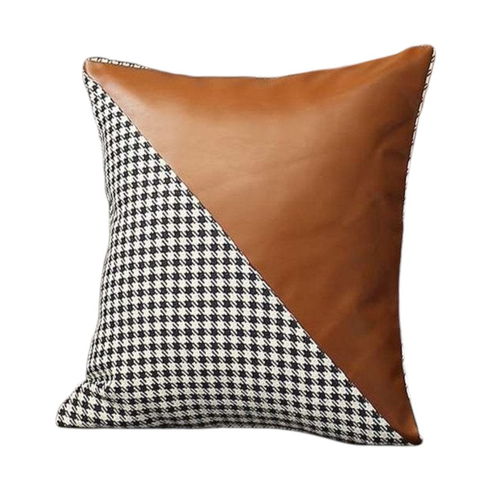 Set of Two 18" Brown Black and White Houndstooth Fabric and Faux Leather Throw Pillows