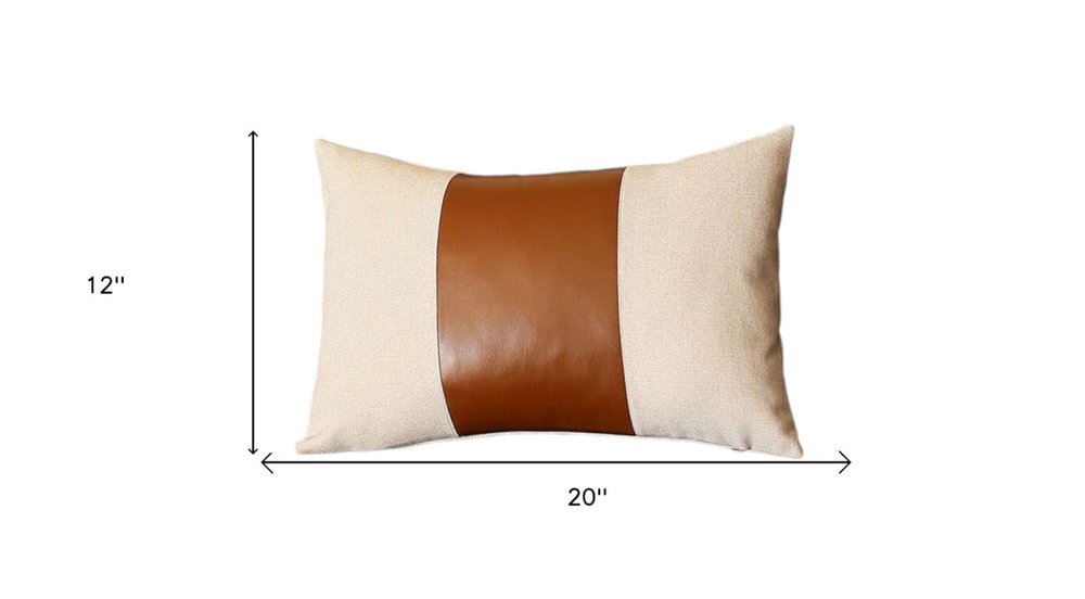 Set of Two 12" X 20" Ivory and Brown Color Block Fabric and Faux Leather Lumbar Throw Pillows