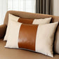 Set of Two 12" X 20" Ivory and Brown Color Block Fabric and Faux Leather Lumbar Throw Pillows
