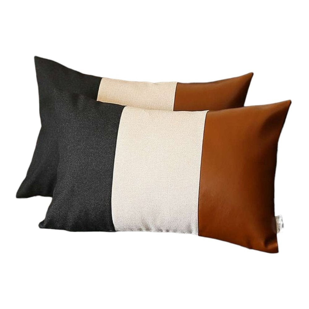 Set of Two 12" X 20" Black Ivory and Brown Color Block Fabric and Faux Leather Lumbar Throw Pillows