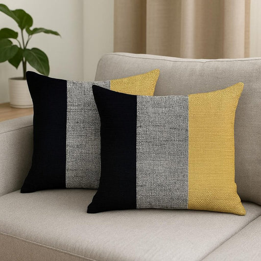 Set of Two 18" Black Gray And Yellow Fabric Throw Pillows