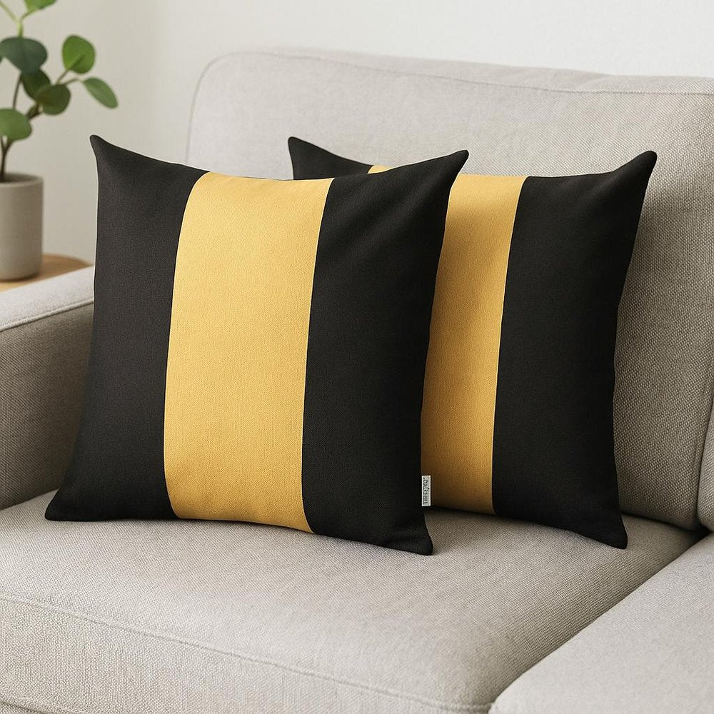 Set Of Two 18" X 18" Black And Yellow Geometric Zippered Handmade Polyester Throw Pillow