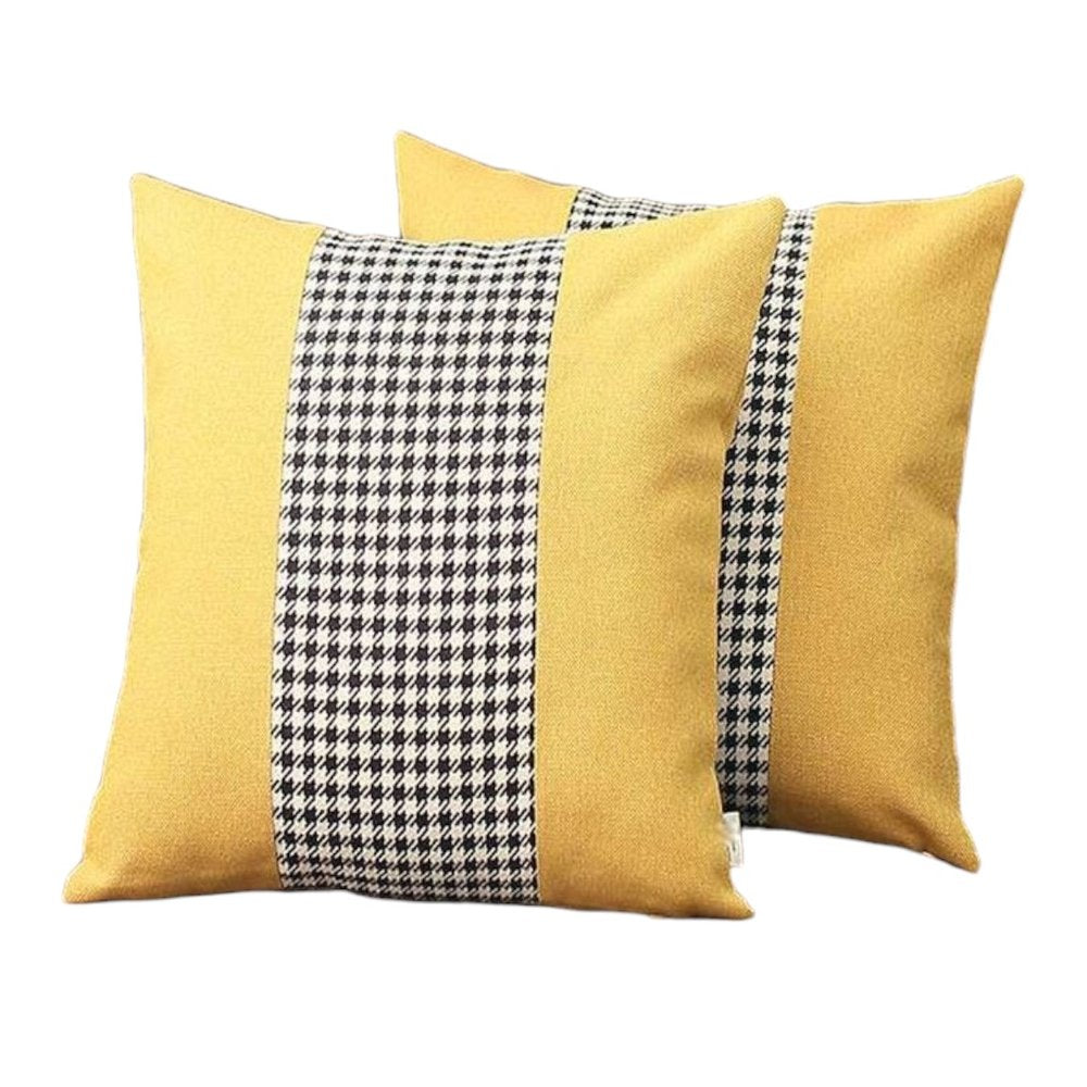 Set of Two 18" Yellow Black and White Houndstooth Fabric Throw Pillows
