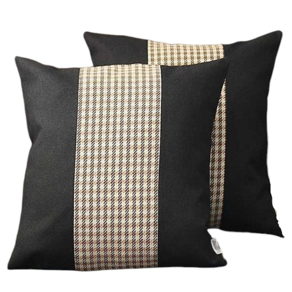 Set of Two 18" Black Brown and White Houndstooth Fabric Throw Pillows