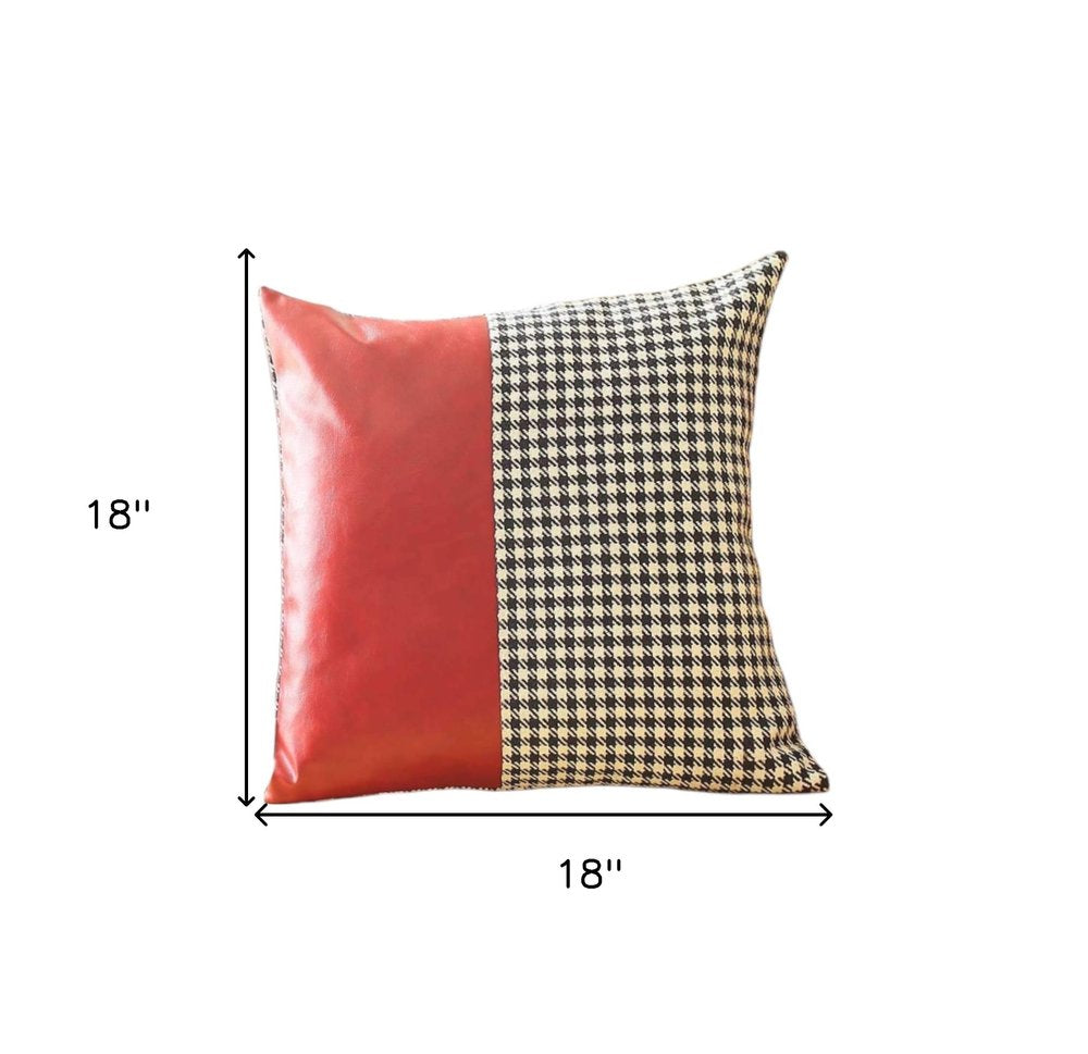 Set of Two 18" Red Black and White Houndstooth Fabric and Faux Leather Throw Pillows