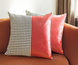 Set of Two 18" Red Black and White Houndstooth Fabric and Faux Leather Throw Pillows