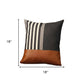 Set of Two 18" Brown Black and Ivory Striped Fabric and Faux Leather Throw Pillows