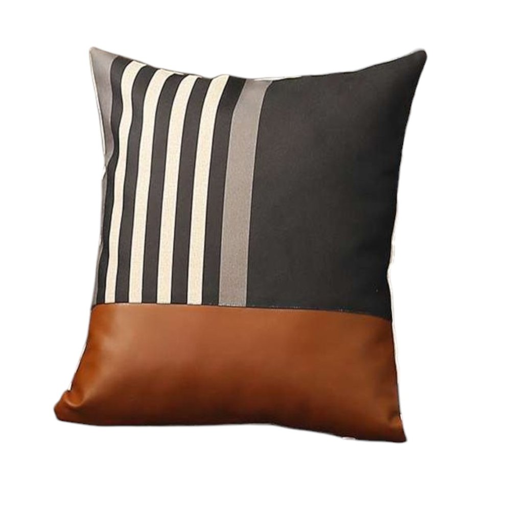 Set of Two 18" Brown Black and Ivory Striped Fabric and Faux Leather Throw Pillows
