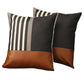 Set of Two 18" Brown Black and Ivory Striped Fabric and Faux Leather Throw Pillows