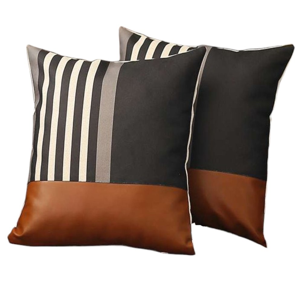 Set of Two 18" Brown Black and Ivory Striped Fabric and Faux Leather Throw Pillows