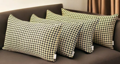 Set of Four 12" X 20" Yellow and Black Houndstooth Fabric Lumbar Throw Pillows