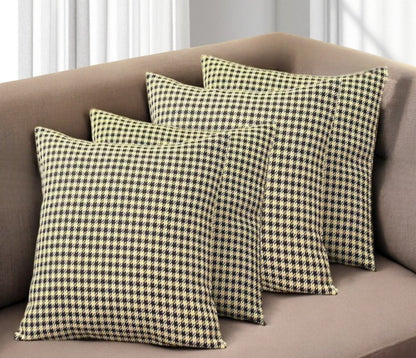 Set of Four 18" Yellow and Black Houndstooth Fabric Throw Pillows