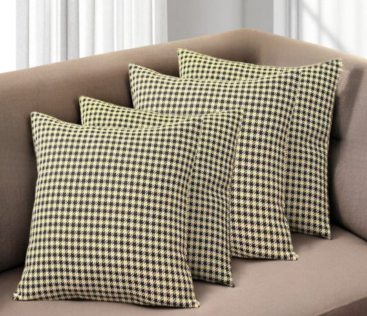 Set of Four 18" Yellow and Black Houndstooth Fabric Throw Pillows