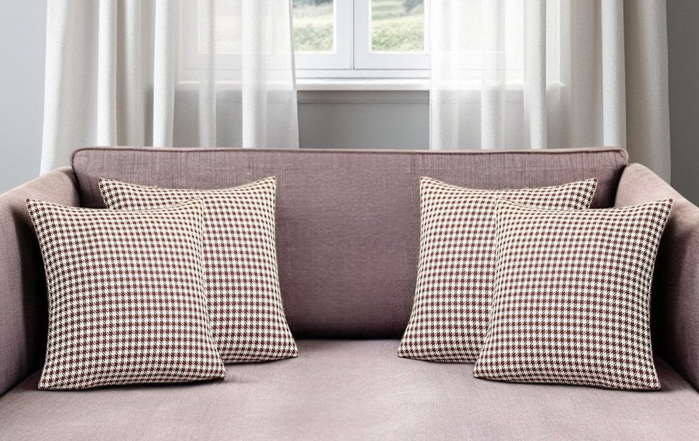 Set of Four 18" Red and White Houndstooth Fabric Throw Pillows