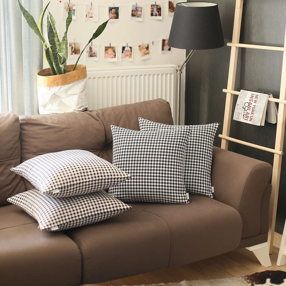 Set of Four 18" Black and White Houndstooth Fabric Throw Pillows