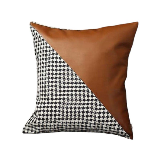 Set of Four 18" Brown Black and White Houndstooth Fabric and Faux Leather Throw Pillows