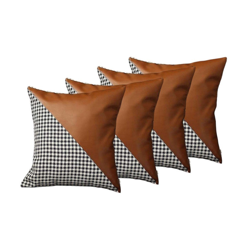 Set of Four 18" Brown Black and White Houndstooth Fabric and Faux Leather Throw Pillows