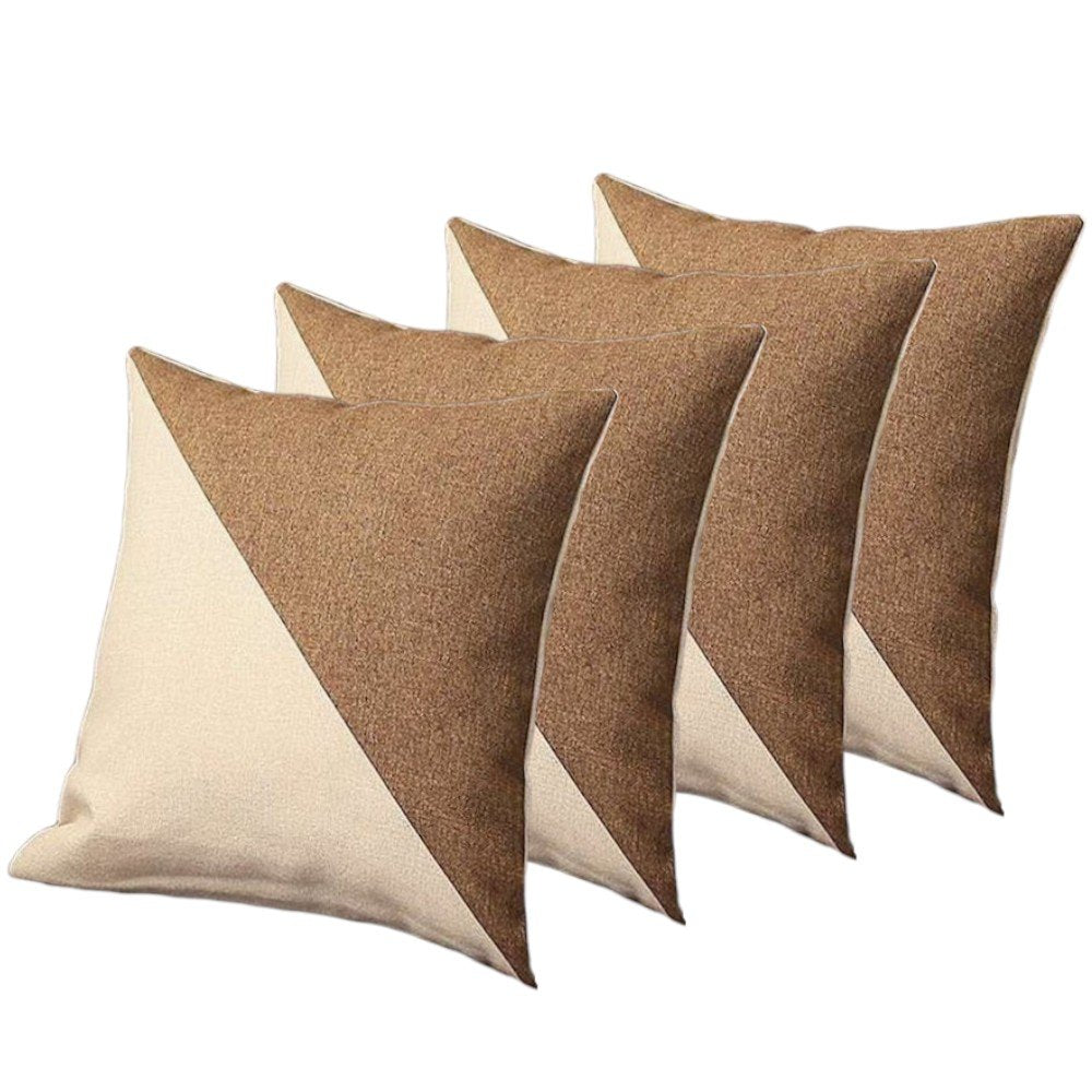 Set of Four 18" Ivory and Brown Color Block Fabric Throw Pillows